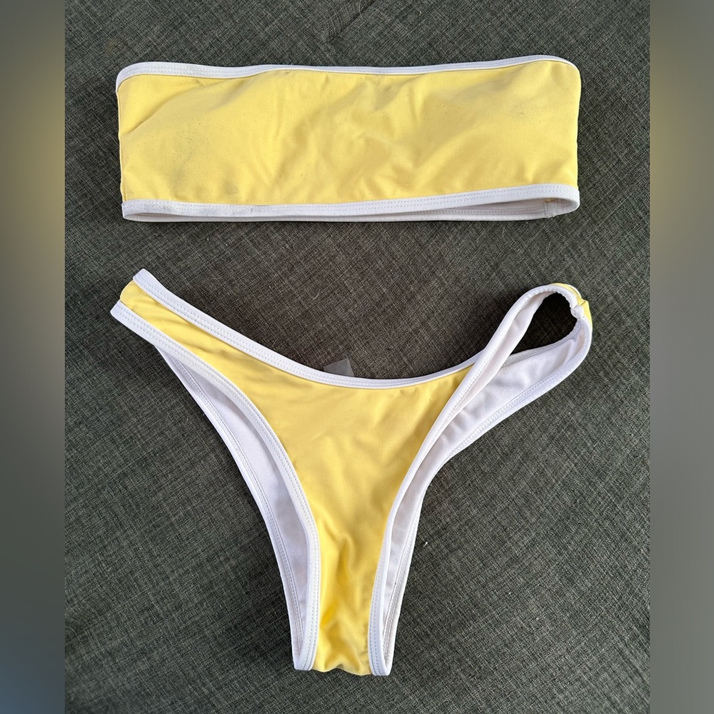 Yellow & White Bikini - Bandeau Top/High Leg